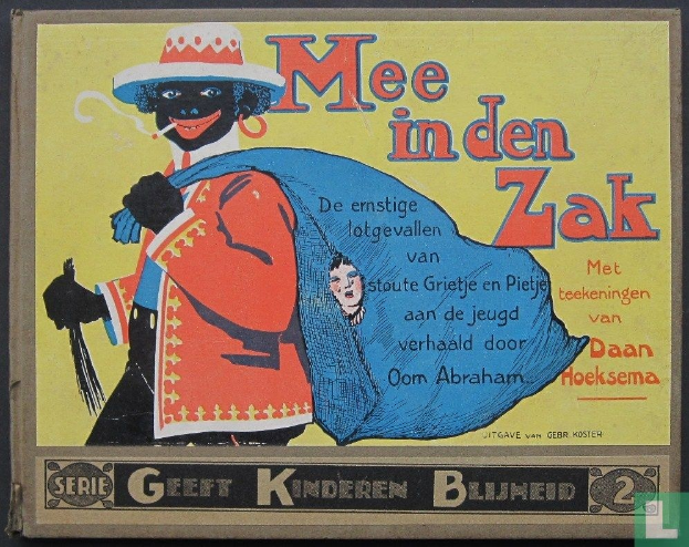 Ein Plakat auf einer schwarzen Oberfläche mit einer Person in einem weißen Hemd und blauer Mütze mit einem verschmitzten Gesichtsausdruck, begleitet von dem Text "mee in den zak", was "ich im zak" bedeutet.