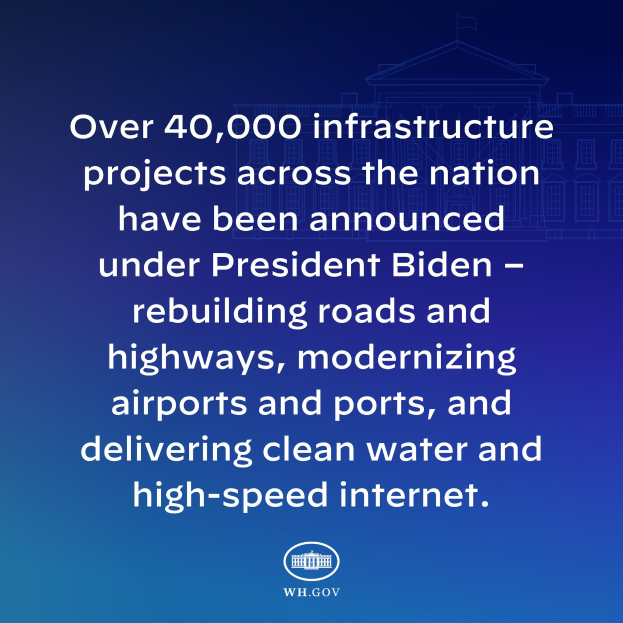 Ein blauer Hintergrund mit weißer Schrift, die besagt "über 40.000 Infrastrukturprojekte bundesweit wurden unter Präsident Biden angekündigt" und ein Logo unten.