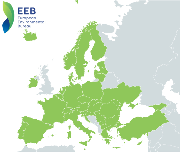 Eine Europakarte mit verschiedenen Grüntönen, die verschiedene EU-Regionen darstellen, und dem Logo des Europäischen Umweltbüros (EEB) oben links.