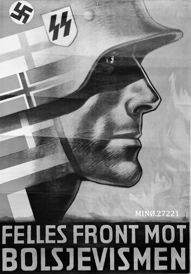 Schwarzes und weißes Propagandaplakat mit einem Mann in einem Helm mit Nazi-Symbol und Text.