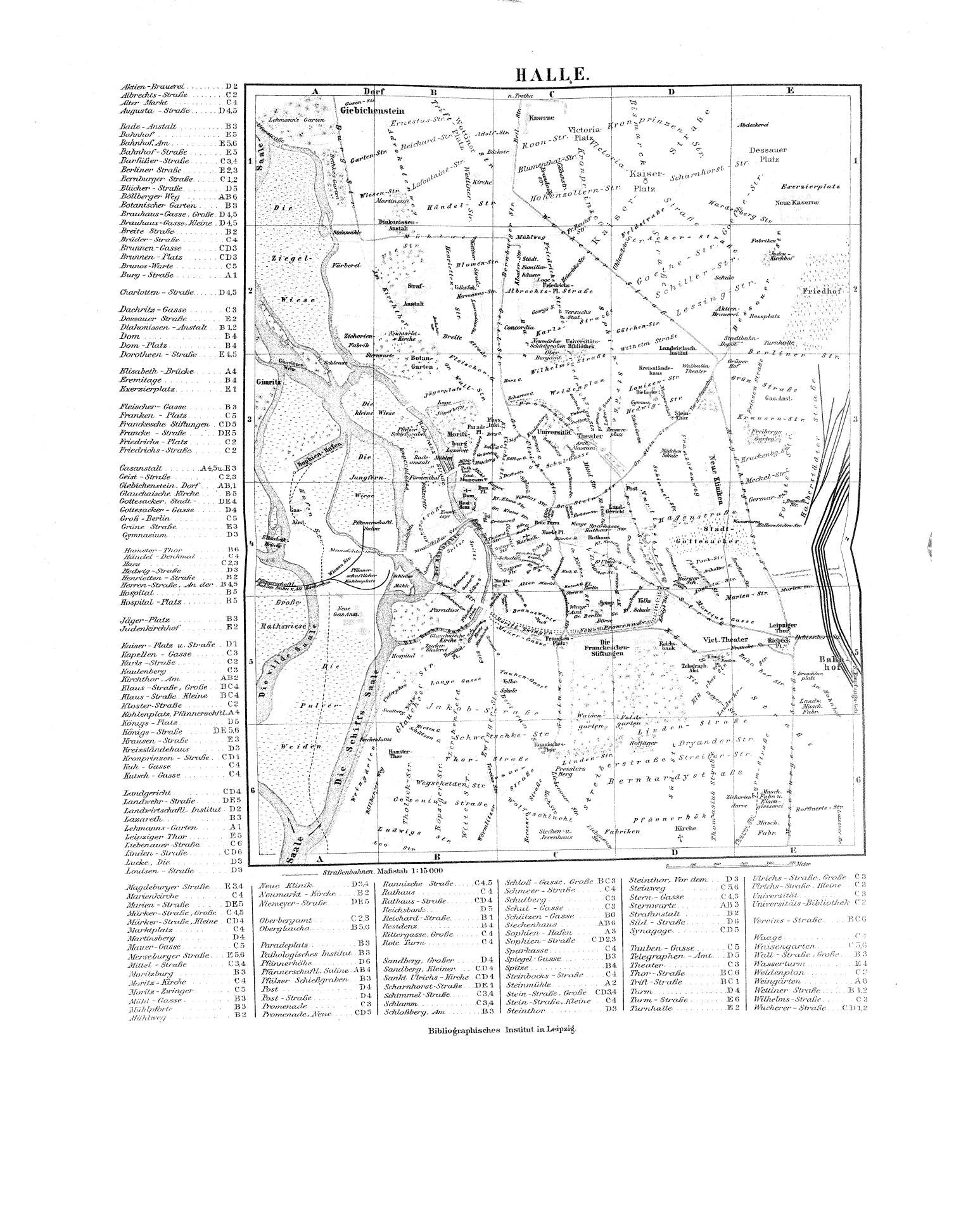Schwarze und weiße Karte von Halle, Deutschland, mit detaillierten Textbeschriftungen städtischer Merkmale.