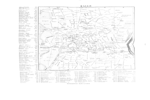 Schwarze und weiße Karte von Halle, Deutschland, mit detaillierten Textbeschriftungen städtischer Merkmale.