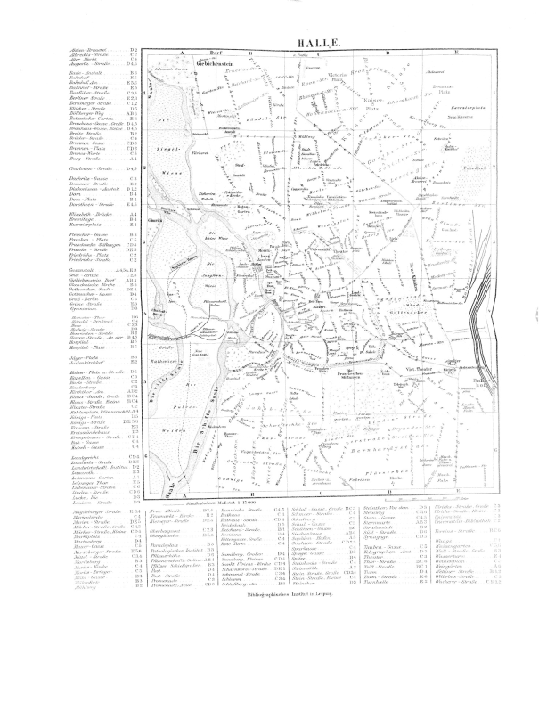 Schwarze und weiße Karte von Halle, Deutschland, mit detaillierten Textbeschriftungen städtischer Merkmale.