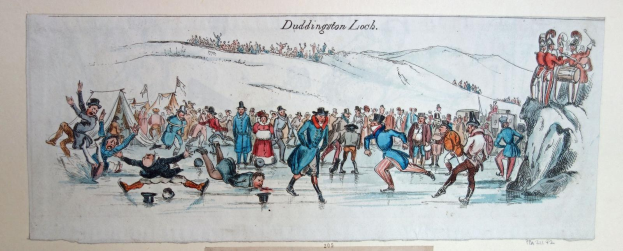 Eine Zeichnung von Menschen, die auf einer verschneiten Fläche Eis hockey spielen, mit 'Duddington Loch' oben und unten geschrieben, zeigt glitzernden Schnee und einen tiefblauen Himmel.