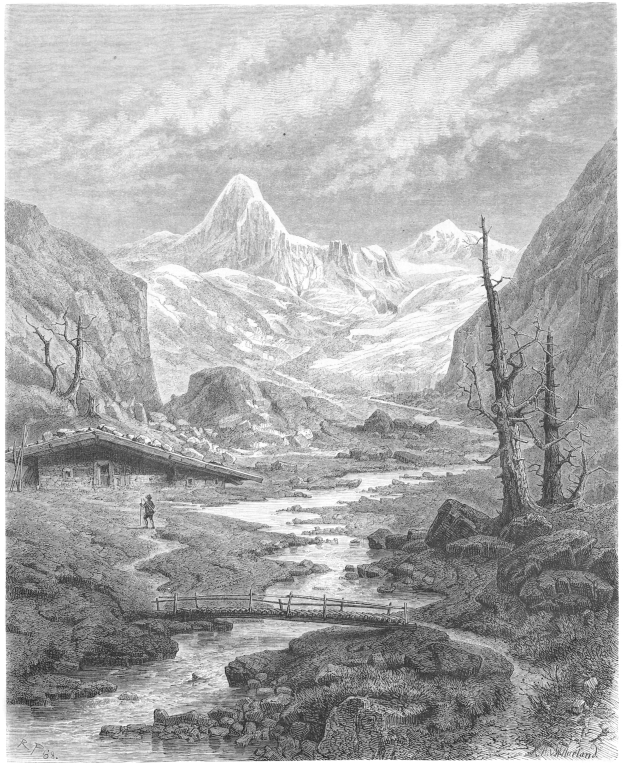 Schwarze und weiße Gravur einer Berglandschaft mit einem Fluss, einer Brücke, einer Person, Bäumen, Hügeln und einem wolkenverhangenen Himmel, beschriftet mit "Albert Bierstadt - Schweizer Alpen" unten.