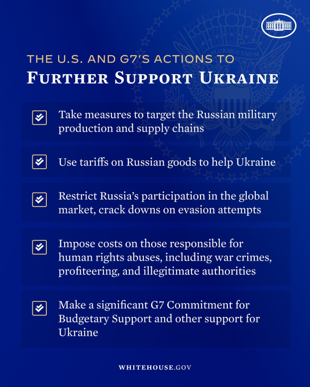Blauer Plakat mit fetter weißer Schrift und einem weißen Kreis-Logo mit roter "G7"-Aufschrift, betitelt "Die USA und die G7-Maßnahmen zur weiteren Unterstützung der Ukraine."